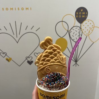 Somisomi - Milk and chocolate swirl with rainbow sprinkles and Oreo pieces. Cone filled with Nutella - Ice Cream & Frozen Yogurt Near Me - Irvine, California Somisomi - Milk and chocolate swirl with rainbow sprinkles and Oreo pieces. Cone filled with Nutella - Ice Cream & Frozen Yogurt Near Me - Irvine, California