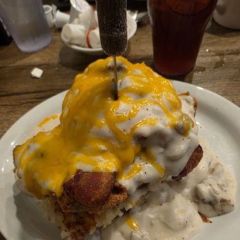 Bobbie's Southern Kitchen - Morning Wrecker: biscuit, hashbrowns, chicken fried steak, scrambled eggs, bacon, country gravy with sausage, and cheese. - American Near Me - San Antonio, Texas Bobbie's Southern Kitchen - Morning Wrecker: biscuit, hashbrowns, chicken fried steak, scrambled eggs, bacon, country gravy with sausage, and cheese. - American Near Me - San Antonio, Texas