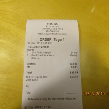Thai 55 - Thai 55 / Durham: My receipt. - Thai Near Me - Durham, North Carolina