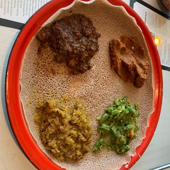 Zagol Ethiopian Restaurant - Combined meat and veggie plate on injera bread - Ethiopian Near Me - Reno, Nevada
