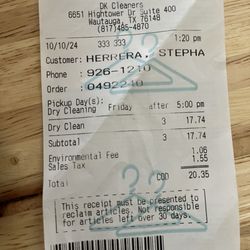 D K Cleaners - The receipt, so they can't pretend I wasn't a customer