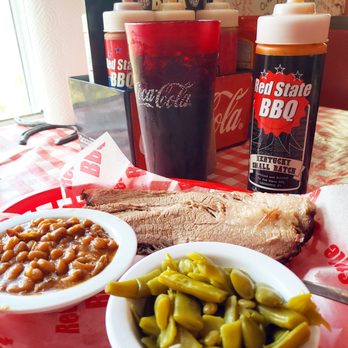 Red State BBQ - Brisket with green beans and baked bbq beans. Try the Kentucky Small Batch sauce!!! - Barbeque Near Me - Lexington, Kentucky