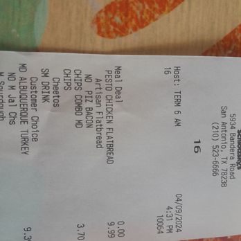 Schlotzsky's - Reciept - Delis Near Me - San Antonio, Texas
