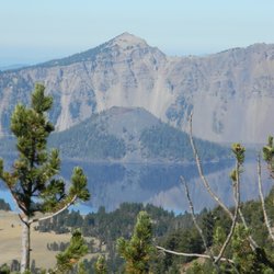 Scotts Peak - telephoto view of Crater lake and Wizard island from trail