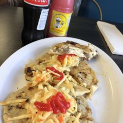 Senor Pupusas - All three Papusas were great. Chicharron, Mixta and Asada. Mexican coke and Salvadoran hot sauce in the background.