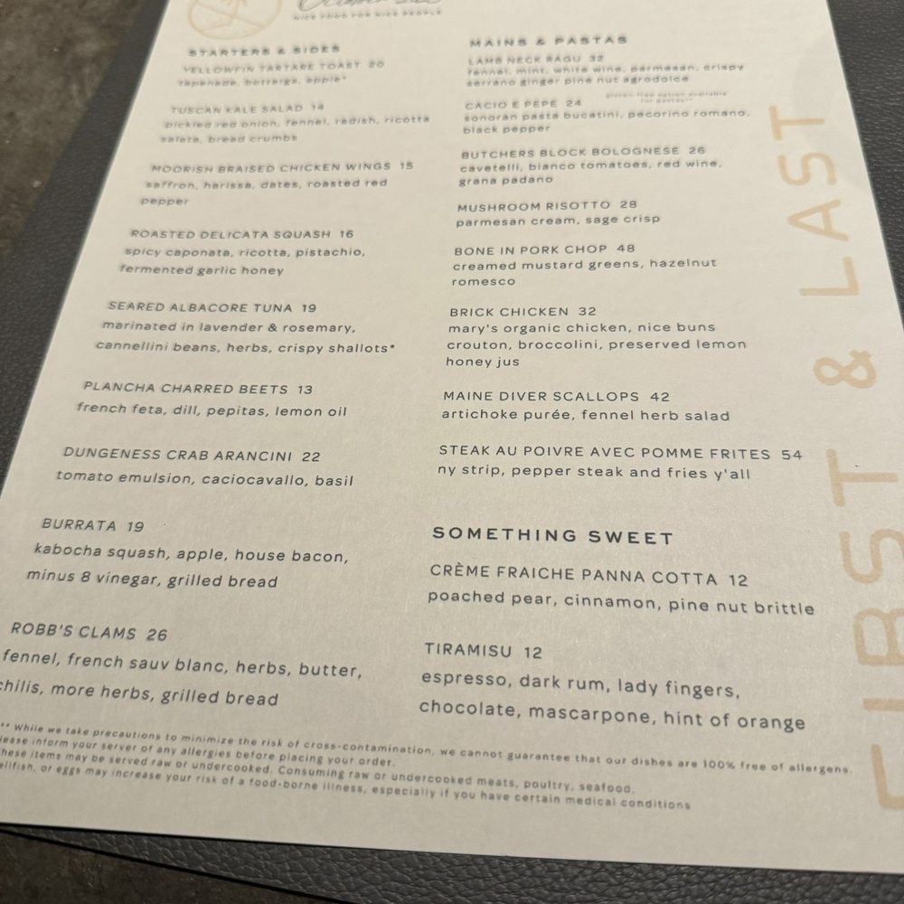 First & Last - Food menu October 2023 - Italian Near Me - Phoenix, Arizona