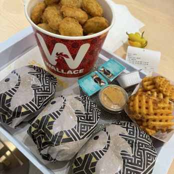 Wallace Chicken - 45 piece nugget bucket & 3 for $10 chicken sandwich promo! Waffle fries and peppercinis on the side! - Chicken Wings Near Me - Walnut, California Wallace Chicken - 45 piece nugget bucket & 3 for $10 chicken sandwich promo! Waffle fries and peppercinis on the side! - Chicken Wings Near Me - Walnut, California