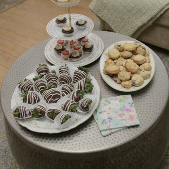 Bloom Bakery - Ojai - Mini delectables, crumpets and chocolate strawberries topped on tiered plate setting - all provided by Bloom Bakery - Custom Cakes Near Me Bloom Bakery - Ojai - Mini delectables, crumpets and chocolate strawberries topped on tiered plate setting - all provided by Bloom Bakery - Custom Cakes Near Me