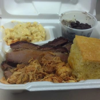 Alamo BBQ - BBQ Platter: Pulled Chicken, Beef Brisket, Jalapeno Mac & Cheese, Black Beans and Rice, Corn Bread w/ Honey butter - Barbeque Near Me - Richmond, Virginia