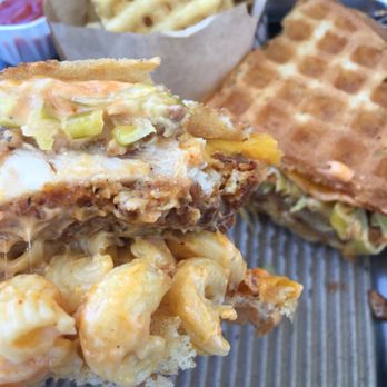 Bruxie - B.A.M.B.: waffle sandwich with fried chicken and Mac n cheese with a side of waffle fries - Sandwiches Near Me - Orange, California