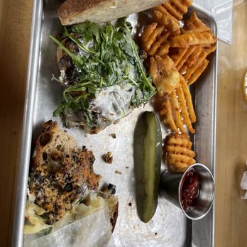 Easy Tiger - South Lamar - Plastic on my veggie burger sandwich - Bakeries Near Me - Austin, Texas Easy Tiger - South Lamar - Plastic on my veggie burger sandwich - Bakeries Near Me - Austin, Texas