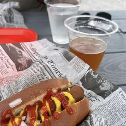 Tasty all beef dog and #18 beer Tasty all beef dog and #18 beer