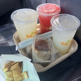 Traditional Lemonade, Blueberry Basil Lemonade, and Sundried Tomato Hummus & Pita Chips. Traditional Lemonade, Blueberry Basil Lemonade, and Sundried Tomato Hummus & Pita Chips.