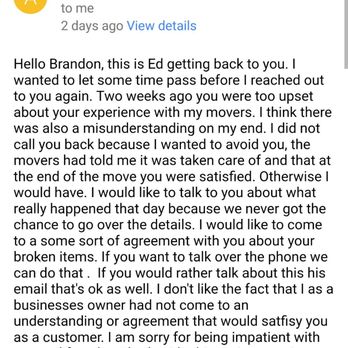 AZ Student Movers - Scottsdale - Email That Ed sent me on the 21st of July Stating he never called me back - Movers Near Me - Scottsdale, Arizona