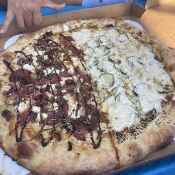 TNT Pizza - Half-half -- hot honey (left) & pickle pie (right) - Pizza Near Me - San Diego, California TNT Pizza - Half-half -- hot honey (left) & pickle pie (right) - Pizza Near Me - San Diego, California
