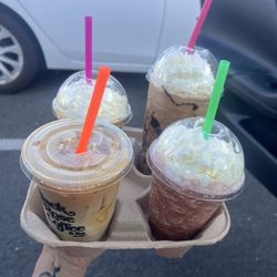 Mango and Strawberry smoothie, caramel macchiato, and one of their blended drinks