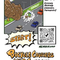 Bicycle Couriers and Company - QR Code, Crowdfund Membership for regular requests. Contributors can follow tasks like buying supplies from local colleges.