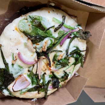 Pizza Patrón - Craft your own pizza (chicken, spinach, onion, cilantro, poblano peppers) with Alfredo sauce - Pizza Near Me - Houston, Texas Pizza Patrón - Craft your own pizza (chicken, spinach, onion, cilantro, poblano peppers) with Alfredo sauce - Pizza Near Me - Houston, Texas