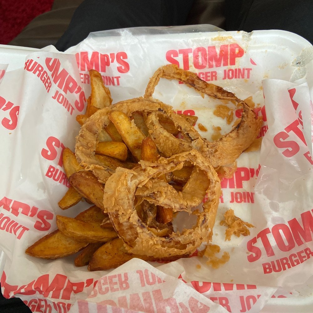 Stomp's Burger Joint 2 - Half:half onion rings and wedges....seasoned to perfection - Burgers Near Me - Pearland, Texas Stomp's Burger Joint 2 - Half:half onion rings and wedges....seasoned to perfection - Burgers Near Me - Pearland, Texas