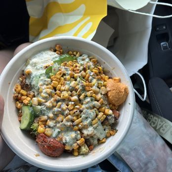 CAVA - Half greens half grains bowl, honey harissa chicks and roasted veggies. Topping: a lot - Mediterranean Near Me - Moreno Valley, California