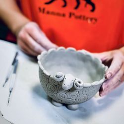 Manna Pottery - Pottery making studio.  A bowl with a ship character.  Mannapottery is all about having fun.