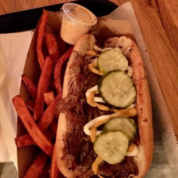 Block 16 - Pulled pork roll ($7.95) with a side of sweet potato fries and some bomb dipping sauce ($3.00)! - American Near Me - Omaha, Nebraska