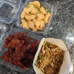 Salt and pepper fish filet, Peking style pork chops, and beef chow fun