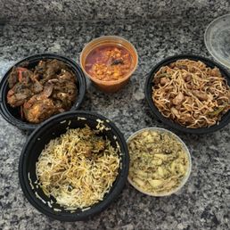 Crab fry, chicken biryani, roti pachadi, cauliflower pickle and chicken noodles