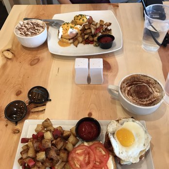 Farm Table - (Top-bottom) Eggs Benedict and banana something coffee. BYOB (over-easy eggs, bacon w/ truffle cheese) and cinnamon roll coffee. - Breakfast & Brunch Near Me - Van Nuys, California Farm Table - (Top-bottom) Eggs Benedict and banana something coffee. BYOB (over-easy eggs, bacon w/ truffle cheese) and cinnamon roll coffee. - Breakfast & Brunch Near Me - Van Nuys, California