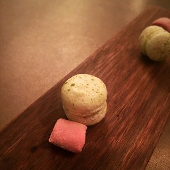 Sepia - Our 'mignardise' for the evening was a pair of strawberry marshmallows with green tea macarons, served on a wooden plank. - New American Near Me - Chicago, Illinois Sepia - Our 'mignardise' for the evening was a pair of strawberry marshmallows with green tea macarons, served on a wooden plank. - New American Near Me - Chicago, Illinois