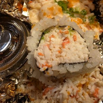 Go Go Sushi - Rolls in Baked "Scallop" Roll were packed full of imitation crab with barely noticeable piece of avocado. - Sushi Bars Near Me - Pasadena, California Go Go Sushi - Rolls in Baked "Scallop" Roll were packed full of imitation crab with barely noticeable piece of avocado. - Sushi Bars Near Me - Pasadena, California