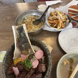 Bone Marrow Steamed Rice with Filet Mignon Wonton Noodle Soup Garlic Fries