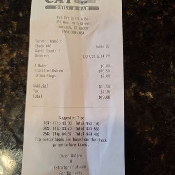 Fat Cat Bar & Grill - the check - Bars Near Me - Norwich, Connecticut