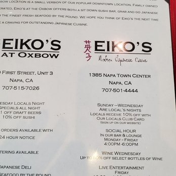 Eiko's - Oxbow - Menu - Sushi Bars Near Me - Napa, California
