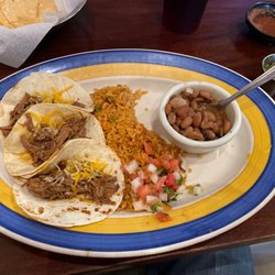 Camino Viejo Mexican Restaurant - Brisket Tacos with Charro Beans & Mexican Rice.