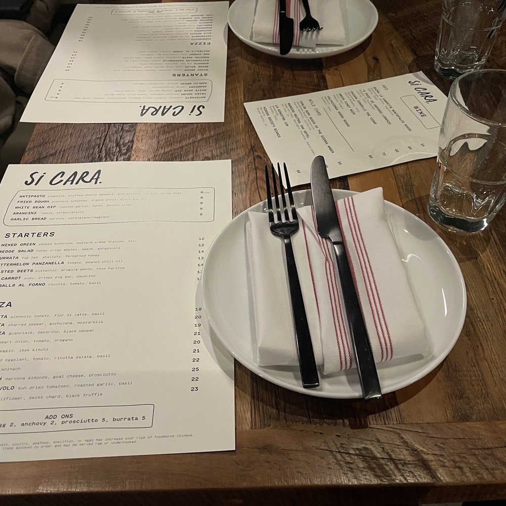 Si Cara - Menu and table setting - Pizza Near Me - Cambridge, Massachusetts Si Cara - Menu and table setting - Pizza Near Me - Cambridge, Massachusetts