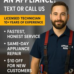 Same-day appliance repair * Licensed techs * $10 OFF first-time clients * Discounts for seniors, veterans & students * Pet-friendly