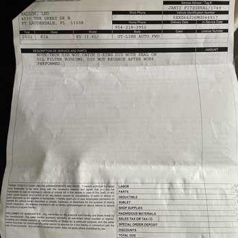 Phil Smith Kia - Service paperwork notes technician performed work incorrectly. - Auto Repair Near Me - Lighthouse Point, Florida Phil Smith Kia - Service paperwork notes technician performed work incorrectly. - Auto Repair Near Me - Lighthouse Point, Florida