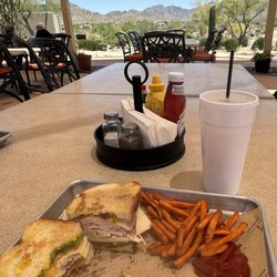 Player's Grill & Patio At the Golf Club of Estrella - Club Sandwich with Sweet Potato Fries and a view!