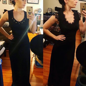 Mode De Paris Tailoring - Before on the left, After on the right. Studs removed, lace added around neckline and sleeves. - Sewing & Alterations Near Me - Sherman Oaks, California Mode De Paris Tailoring - Before on the left, After on the right. Studs removed, lace added around neckline and sleeves. - Sewing & Alterations Near Me - Sherman Oaks, California
