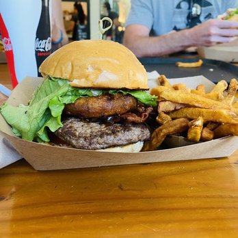 Local Heroes - Western States burger with bacon onion rings and bbq sauce. - Burgers Near Me - Auburn, California Local Heroes - Western States burger with bacon onion rings and bbq sauce. - Burgers Near Me - Auburn, California