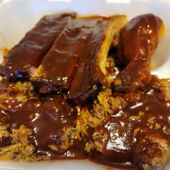 Johnson's Bar-B-Que - Sampler Platter meats - Chopped Pork, Chopped Brisket, Ribs, Chicken. - Barbeque Near Me - Chesapeake, Virginia Johnson's Bar-B-Que - Sampler Platter meats - Chopped Pork, Chopped Brisket, Ribs, Chicken. - Barbeque Near Me - Chesapeake, Virginia