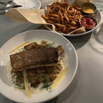 Crown Republic Gastropub - Seared salmon entree  Hand Cut Fries - Gastropubs Near Me - Cincinnati, Ohio
