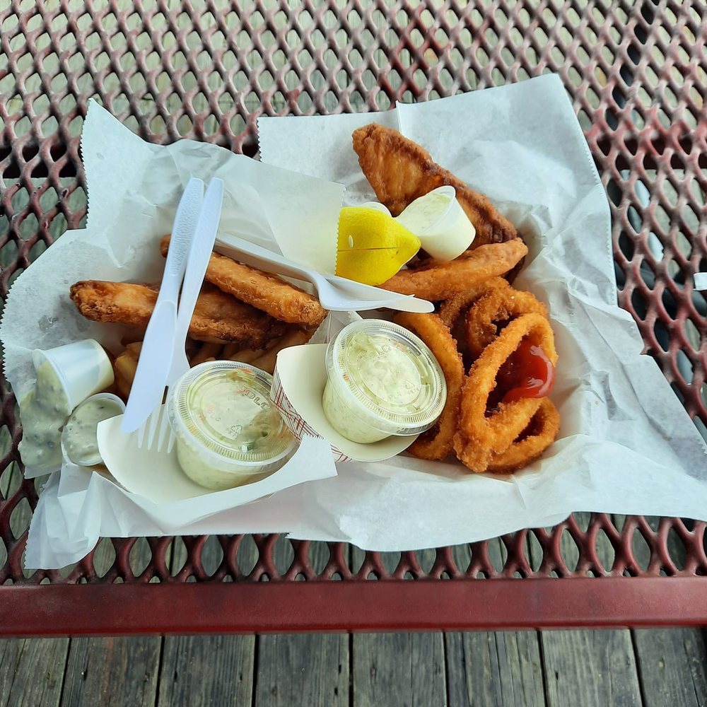 Overton's - 2 piece fried cod with onion rings. - Seafood Near Me - East Norwalk, Connecticut Overton's - 2 piece fried cod with onion rings. - Seafood Near Me - East Norwalk, Connecticut