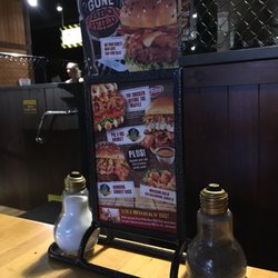 The Works Gourmet Burger Bistro - Waffle & chicken burger.  I thought their salt and pepper shakers were clever.