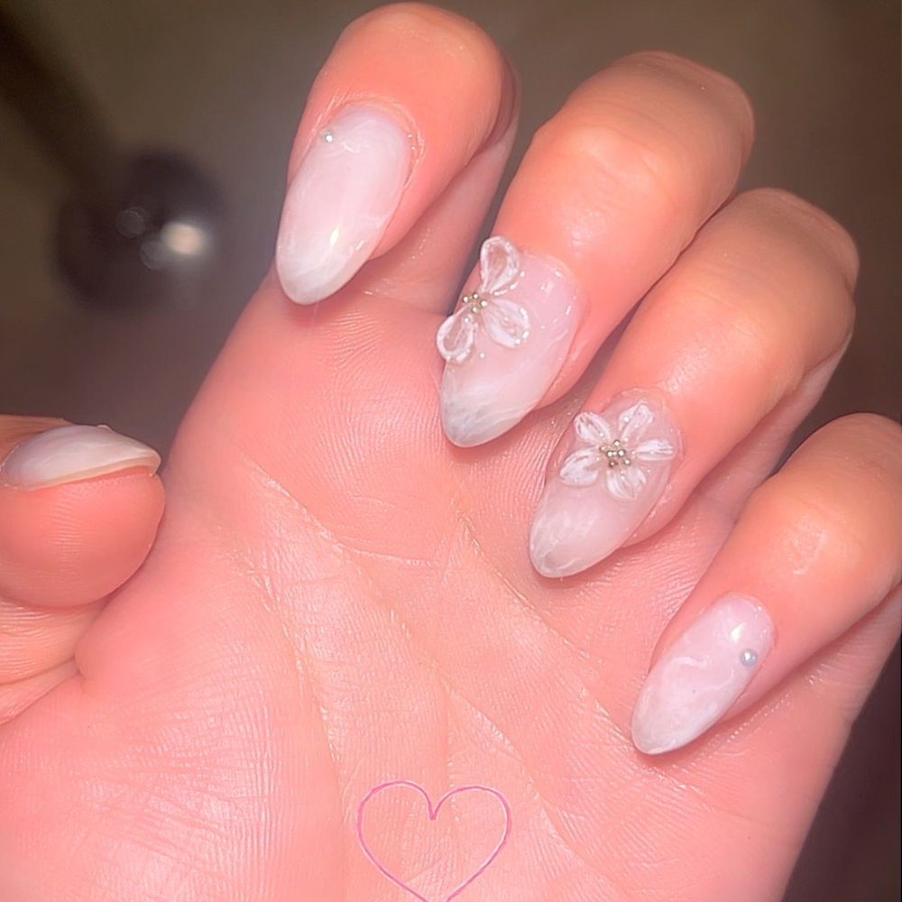 Truly Nails - Builder gel with white marble, white pearls, & 3D flowers design - Nail Salons Near Me - La Puente, California Truly Nails - Builder gel with white marble, white pearls, & 3D flowers design - Nail Salons Near Me - La Puente, California