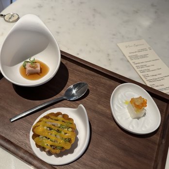 Madame Fan - Amuse bouche. left is tuna artichoke and orange ponzu. My favorite of the 3. Mackerel tartlet was ok. - Asian Fusion Near Me - Paris, 75 Madame Fan - Amuse bouche. left is tuna artichoke and orange ponzu. My favorite of the 3. Mackerel tartlet was ok. - Asian Fusion Near Me - Paris, 75