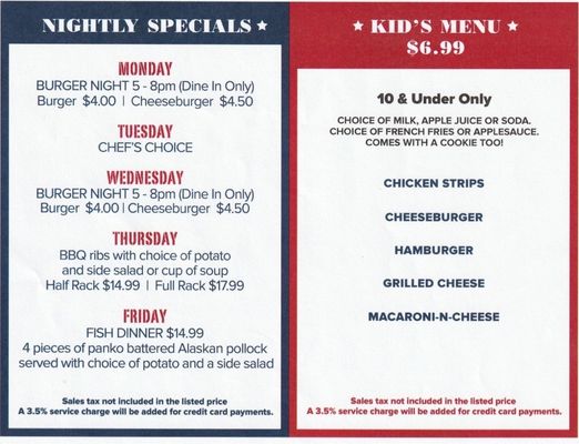 Menu photo 3 American Legion Post 145 Howard Lake, MN