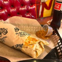 Sancho's Tacos - Bean and cheese burrito with mild red salsa and Coke