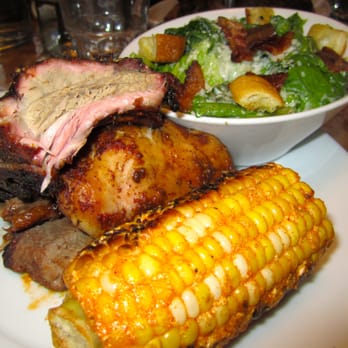 Barque Smokehouse - Sampler for One = Brisket, Chicken Thigh & Baby Back ribs with cuban corn & Caesar salad  - Courtesy of Foodies Inked - Barbeque Near Me - Toronto, Ontario
